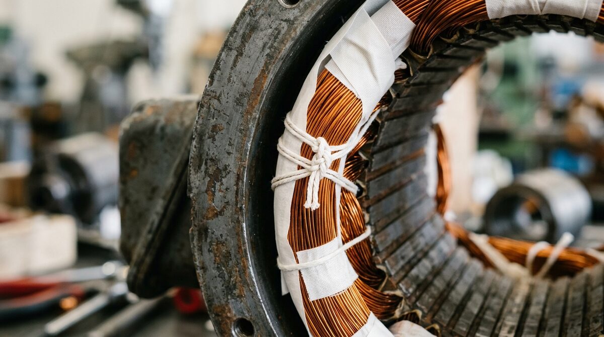 Copper stator windings mid-rewind, fresh insulation and lacing cord against aged steel laminations, tight macro with...