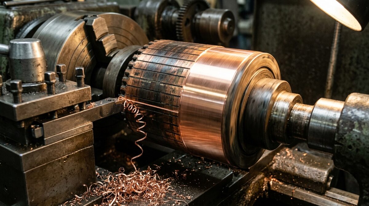 Commutator surface being skimmed on a large lathe, fine copper swarf curling away, the machined band bright against the...