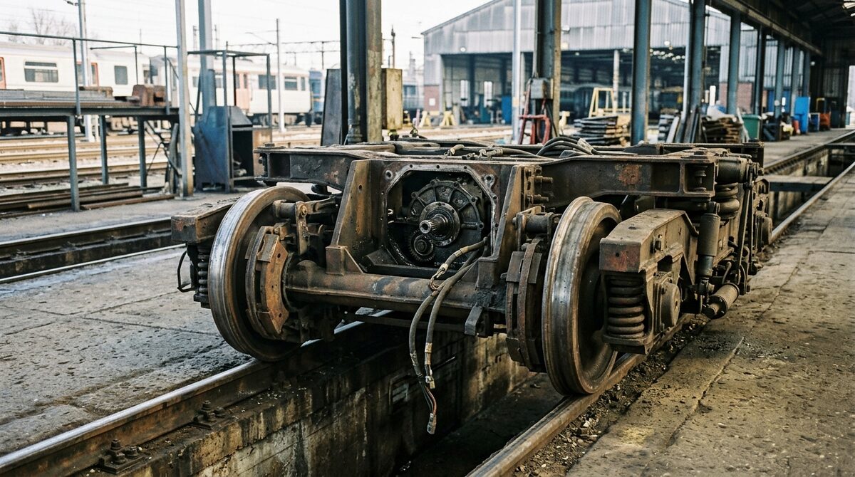 Ageing transit railcar bogie on depot stands with the traction motor position empty, brake rigging and wheelsets in frame