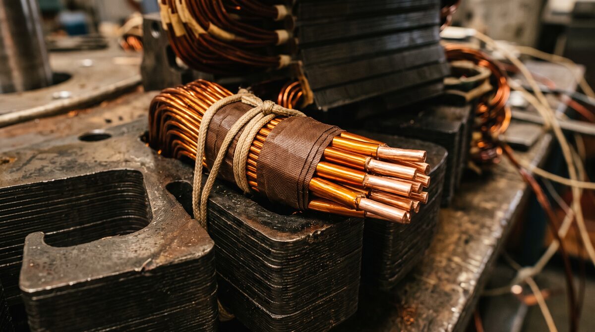 Close detail of formed copper coil ends bundled and taped inside a stator slot, the bright copper against dark laminated...