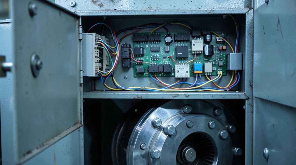 Open control panel of a winding machine with drive electronics above the motor coupling