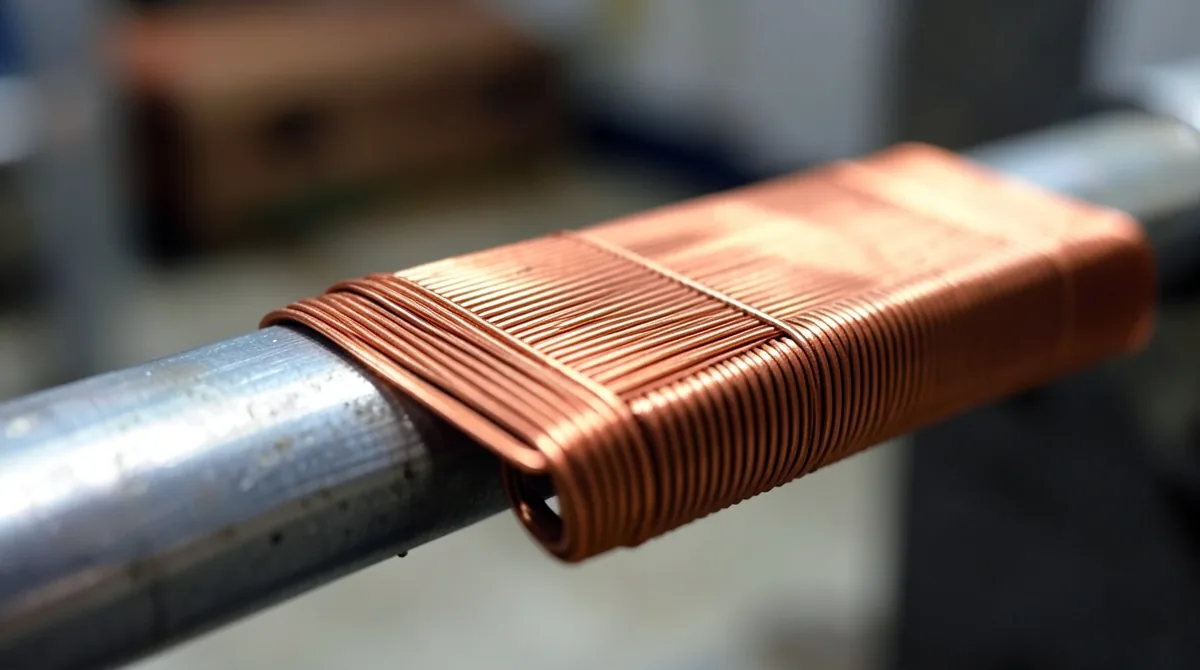 Rectangular copper magnet wire wound into a form coil loop on a steel loop bar