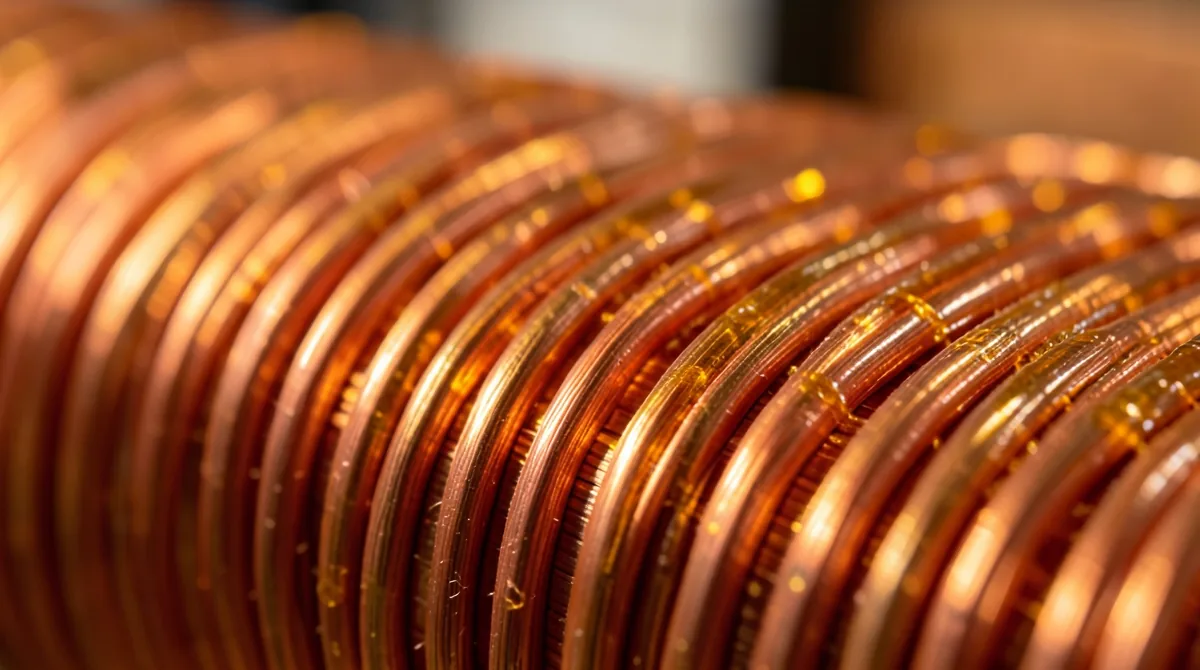 Copper rotor coil turns lying flat in even layers with a thin coat of amber epoxy
